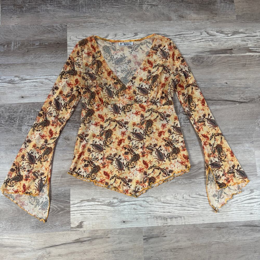 Vintage Self Esteem Y2K 90s Paisley Top Bell Sleeve Tie Back Boho Fairy Grunge M
